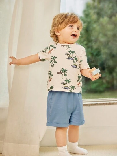 Cozy Pixies 嬰兒男童休閑椰樹紋短袖圓領T恤和短褲套裝