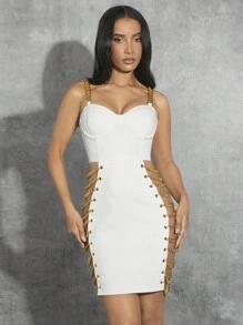 Hauture 女士露背連衣裙，鏈條和露空設計，派對夜店穿著 - 白色 - 查看 3