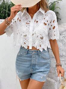 SHEIN Clasi 女士纯色简约镂空时尚衬衫、短袖上衣 - 白色 - 查看 4