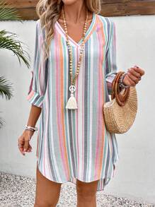 Breezaya Colorful Striped V-Neck Dress With Arc-Shaped Hemline For Spring And Summer Casual Wear Vacation Beach Outfits Women