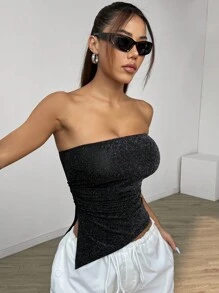 SHEIN EZwear Top de bandeau asimétrico de verano para mujer con dobladillo plisado brillante y abertura lateral, casual