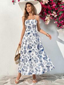 SHEIN Essnce Vestido de mujer de verano azul marino con impresión de frutas, cuello recto sin mangas, tirantes spaghetti y longitud midi - Azul y blanco - Ver 4