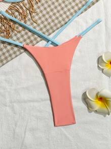SHEIN Swim 女式拼色比基尼套装，细肩带，镶边，夏季海滩度假风 - 珊瑚橙 - 查看 4