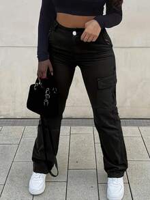 2024 Women European And American Casual Black Cargo Pants, Versatile And Fashionable