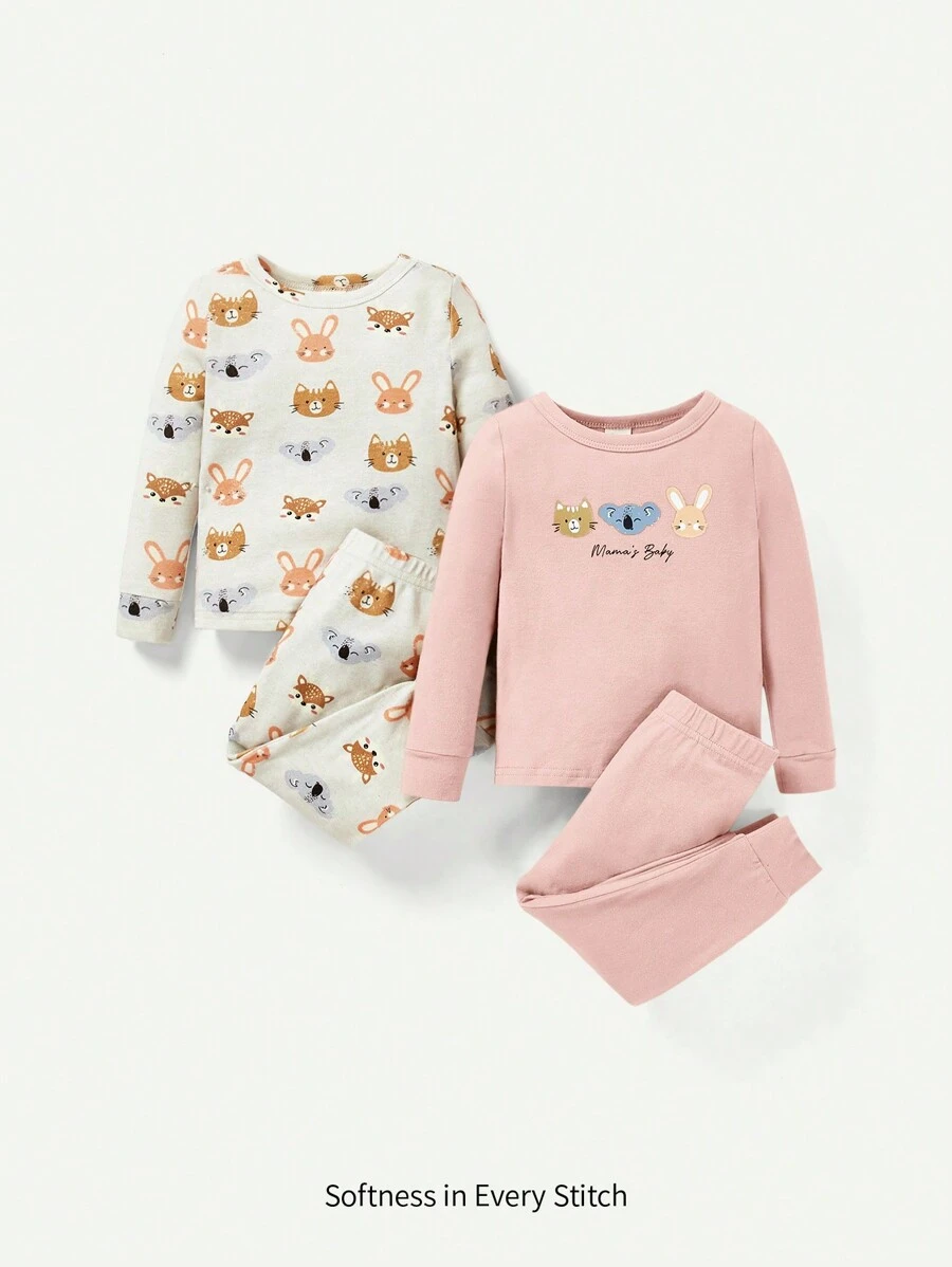 Cozy Pixies 4入組寶寶女孩可愛動物印花緊身睡衣，包括圓領上衣和褲子 - 彩色 - 查看 1