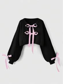 ROMWE Kawaii Suéter De Mangas De Linterna Con Frente Abierto, Estilo Ladylike Suave Y Encantador Con Decoración De Lazo