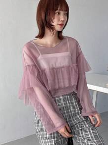 FRIFUL Women Casual Daily Wear Long Sleeve Top With Ruffled Hem Sheer,Fall Women Clothes