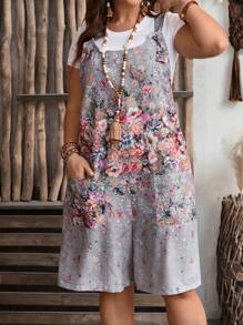 EMERY ROSE Summer Holiday Style Plus Size Women's Floral Print Overall Romper  With Double Pockets,Flower/Vacation/Spring - Multicolor - View 4