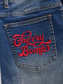 ROMWE Kawaii 女士休闲牛仔短裤，带字母、樱桃刺绣、口袋和卷边，学校 - 藍色 - 查看 2