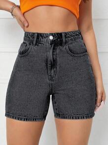 SHEIN Privé Baimuda Simple And Versatile Spring/Summer Denim Shorts - Dark Grey - View 3