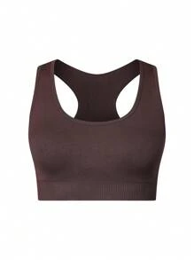 SHEIN 青少年女孩卡其色無縫運動胸罩和短褲套裝，適用於夏季 - 咖啡棕 - 查看 1