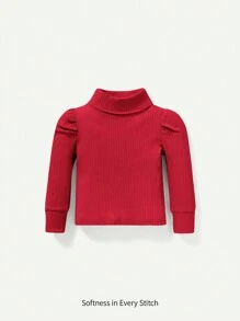 嬰兒女童長袖純色高領輕盈套頭衫 - 紅色 - 查看 1