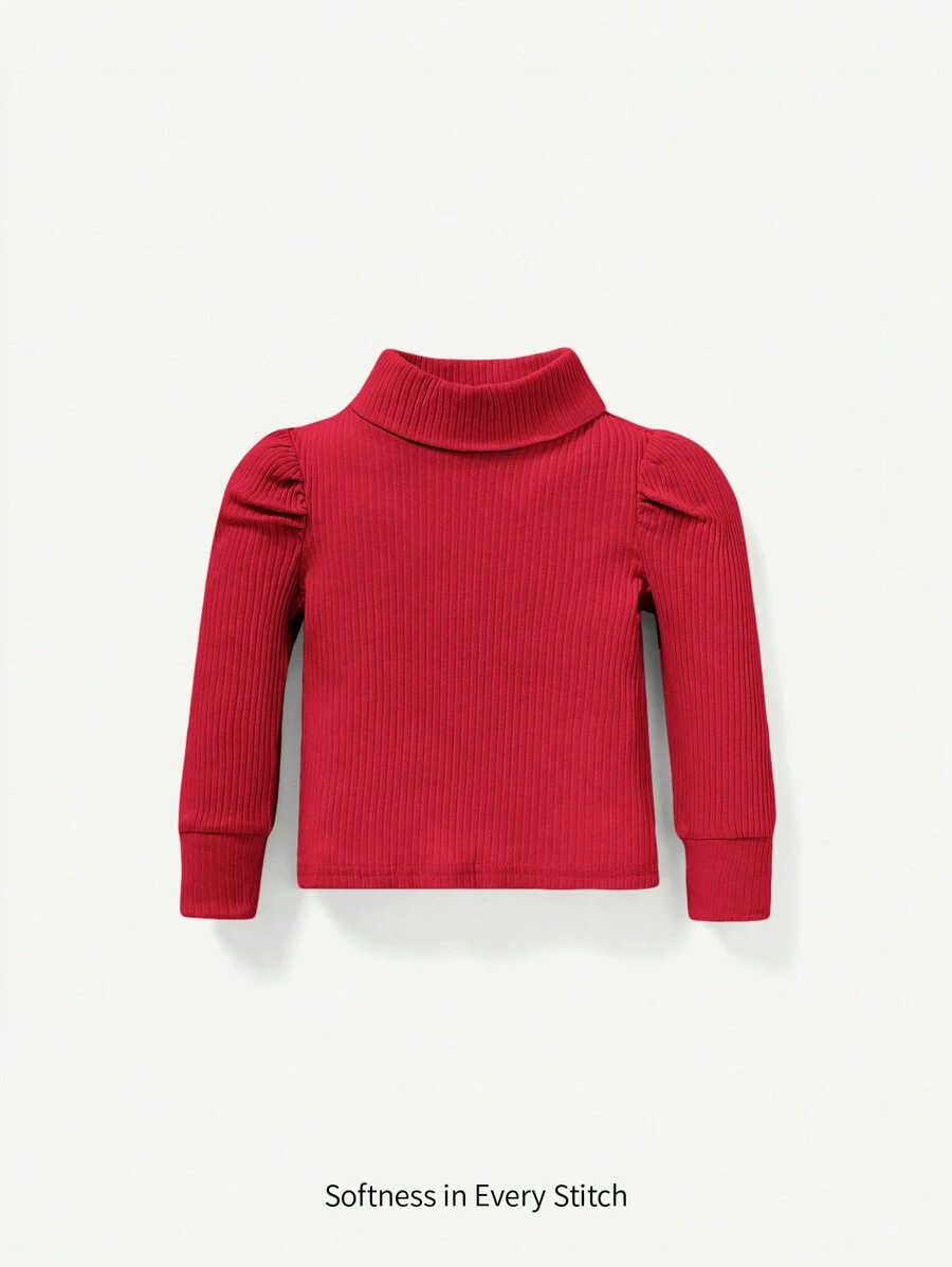 嬰兒女童長袖純色高領輕盈套頭衫 - 紅色 - 查看 1