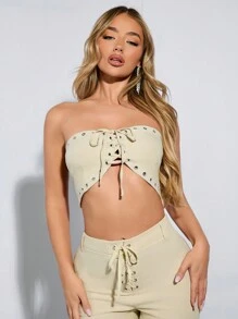 SHEIN BAE Top bustier plisado unicolor con decoración de metal y delicadas correas, color albaricoque, adecuado para vacaciones de primavera / verano, noche de citas, uso diario, ocasiones festivas, conciertos y festivales de música
