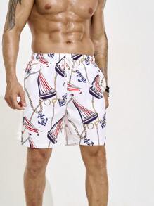 Manfinity KASUA Đàn ông dây rút eo thuyền buồm chuỗi in quần short bãi biển rộng - trắng - Xem 8