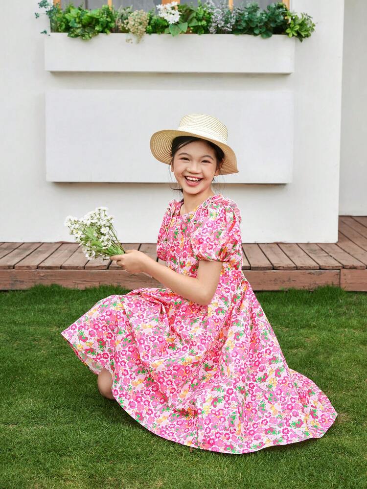 Tween Girl Loose Casual Sweet Japanese Style Off-Shoulder Puff Sleeve Elastic Waist Floral Dress