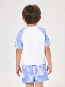 Young Boy Random Printed Patchwork Casual Raglan Sleeve T-Shirt And Shorts Sportswear For Daily Wear - White - View 2