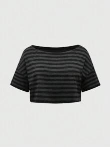 ROMWE Grunge Punk 大碼夏季時尚條紋寬鬆短袖T卹 - 深灰色 - 查看 5