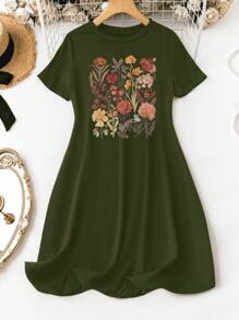 EMERY ROSE 休闲简约花卉印花圆领短袖修身大码女式连衣裙，适合夏季 - 軍綠色 - 查看 1