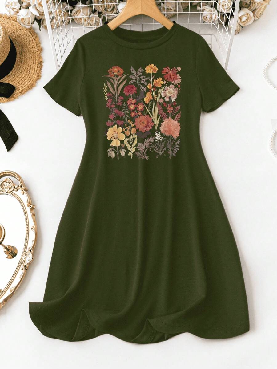 EMERY ROSE 休闲简约花卉印花圆领短袖修身大码女式连衣裙，适合夏季 - 軍綠色 - 查看 1