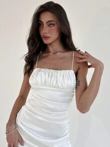 Aloruh Women Satin Spaghetti Strap Mini Dress With Ruched Detailing, White Color, Perfect For Romantic Date - White - View 3