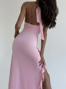 Aloruh 女士系带 V 领纯色连衣裙，3D 花朵、荷叶边、开衩、收腰和露背设计，适合浪漫约会（粉色） - 粉色 - 查看 2