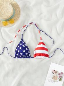 Swim Vcay Top de bikini pentru femei, cu imprimeu de 4 iulie, cu guler halter, pentru vacanță, vară plajă, imprimeu aleatoriu