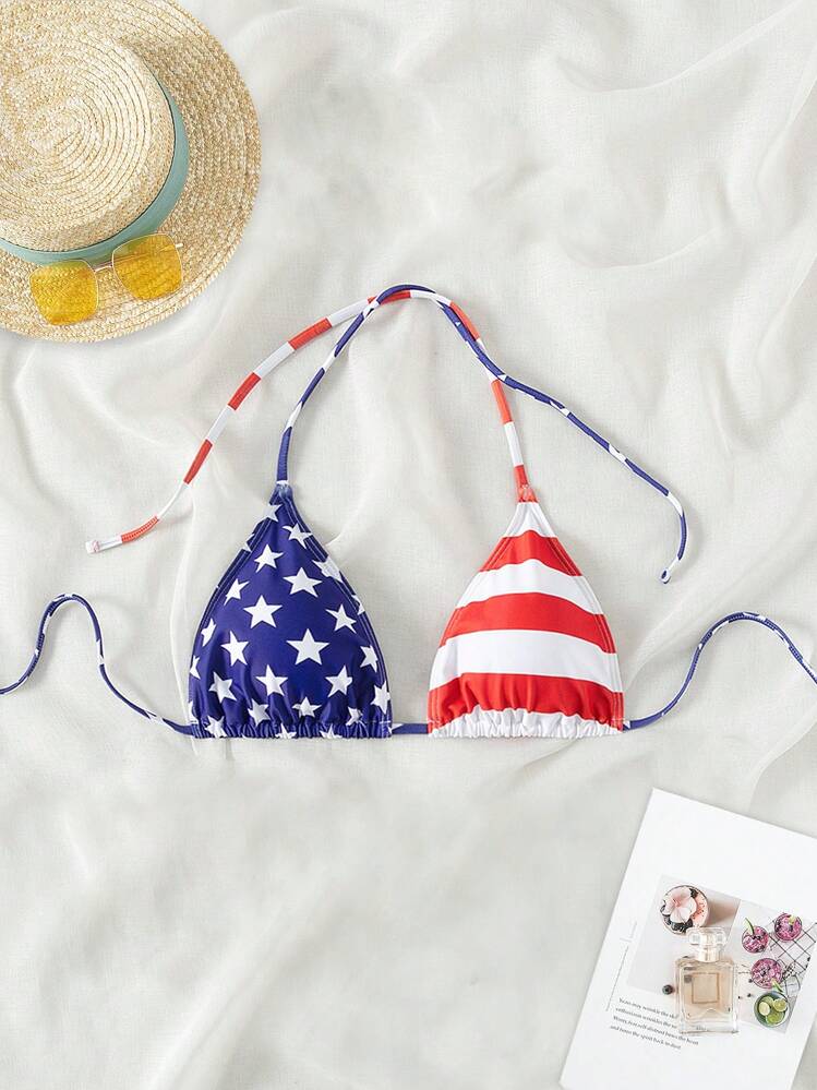 Swim Vcay Top de bikini con cuello de halter con estampado de la bandera de los Estados Unidos de estilo americano para el verano, playa y el 4 de julio, estampado aleatorio