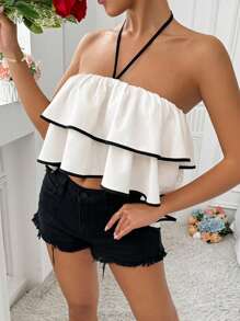 Breezaya Women Summer Contrast Trim Ruffle Trim Halter Neck Crop Cami Top - Multicolor - View 3