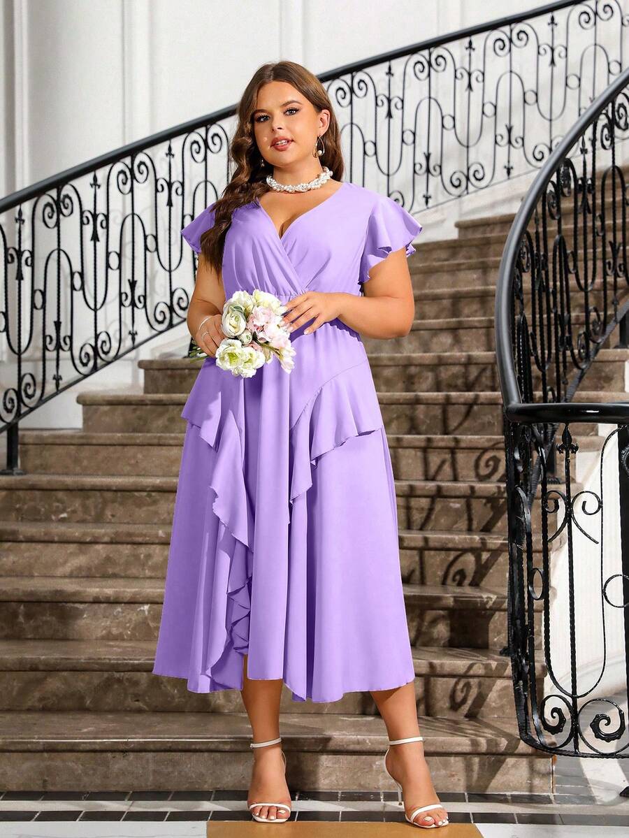 SHEIN Belle Plus Size Nữ Mùa Hè Màu Cổ Chữ V Xù Viền Tay Cánh Dơi Chia Đầm Thời Trang Và Thanh Lịch, Đám Cưới Khách Đầm - Màu tím - Xem 1