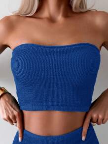SHEIN Swim 夏季海灘女士顏色純淨打褶無肩帶上衣和下褲 - 寶藍色 - 查看 5