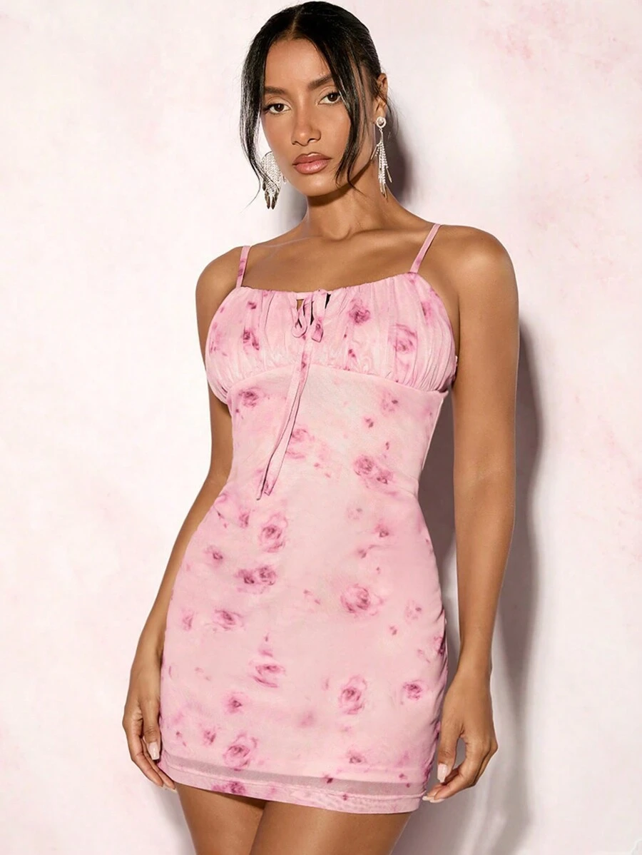 Glamine Women Spring Summer Romantic Floral Print Bodycon Cami Dress - Pink - View 1