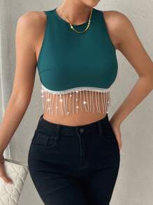 SHEIN Privé Women Fringed Solid Color Casual Tank Top For Music Festivals - Green - View 6