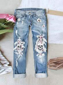 加大码破洞牛仔裤，带口袋和纽扣，骷髅图案 - 淺藍色 - 查看 1