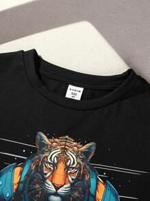SHEIN Lässiges, Kurzärmeliges Rundhals T-Shirt Und Shorts Mit Cartoon-roboter- Und Tiger-aufdruck Für Kleine Jungen, Geeignet Für Frühling Und Sommer