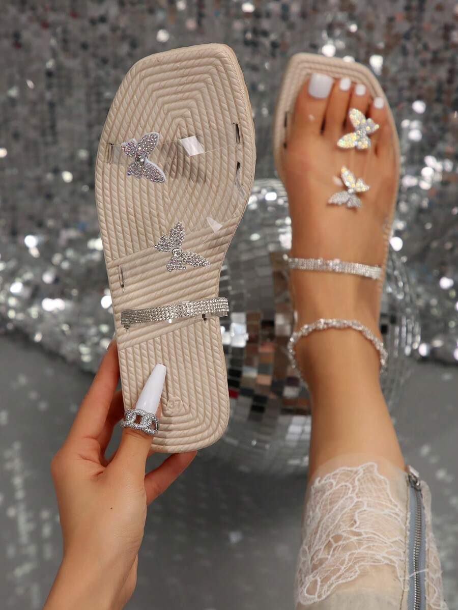 New Design Women Slippers For Beach Holidays, Featuring Transparent Vamp, Butterfly-Shaped Rhinestone And Lightweight Cut - Clear - View 1