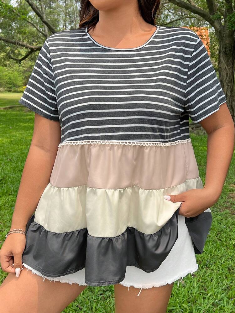 Plus Size Casual Lace & Color Block Patchwork Swing T-Shirt