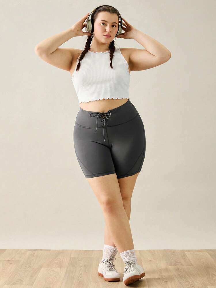 Plus Size Women Solid Color Tie-Up Metal Spliced Cycling Shorts
