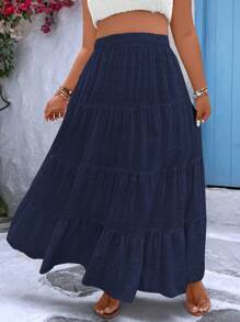 Breezaya 大尺碼假期休閒純色褶皺遮陽傘裙長裙 - 藏蓝色 - 查看 4