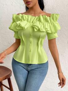 SHEIN Privé Áo sơ mi nữ thanh lịch màu trơn 3D thiết kế lệch vai eo thon gọn cài nút - màu xanh lá - Xem 5