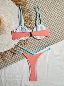 SHEIN Swim 女式拼色比基尼套装，细肩带，镶边，夏季海滩度假风 - 珊瑚橙 - 查看 2