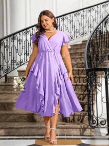 SHEIN Belle Plus Size Nữ Mùa Hè Màu Cổ Chữ V Xù Viền Tay Cánh Dơi Chia Đầm Thời Trang Và Thanh Lịch, Đám Cưới Khách Đầm - Màu tím - Xem 5