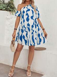 SHEIN Maternity Loose Geometric Print Asymmetric Neckline Short Bubble Sleeve Dress With Ruffle Hem For Summer