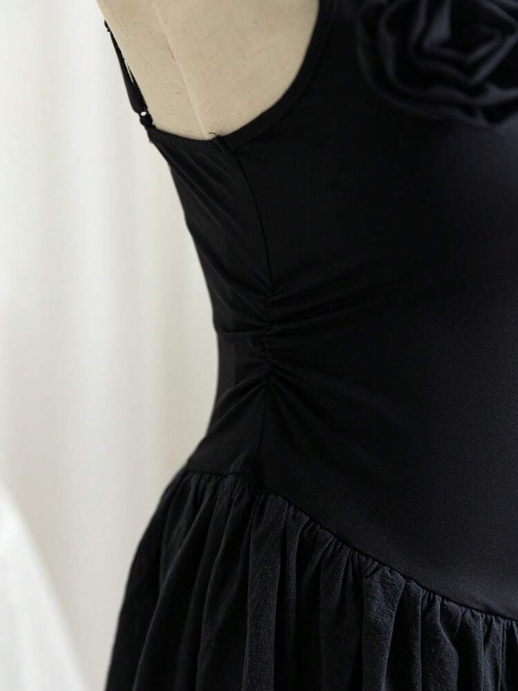 Women's Casual Holiday One Shoulder Puffy Dress With 3d Floral Decor