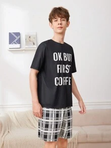 SHEIN Teen Boy Fashion Casual Letter Print Short Sleeve & Plaid Shorts Fire Retardant Pajamas Set