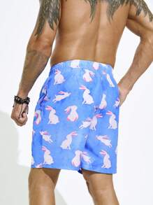 Surfspeed 男士束口腰身卡通兔印花休閒寬鬆沙灘短褲，附口袋 - 藍色 - 查看 2
