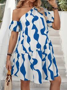 SHEIN Maternity Loose Geometric Print Asymmetric Neckline Short Bubble Sleeve Dress With Ruffle Hem For Summer