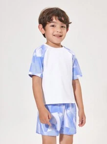 Young Boy Random Printed Patchwork Casual Raglan Sleeve T-Shirt And Shorts Sportswear For Daily Wear - White - View 1
