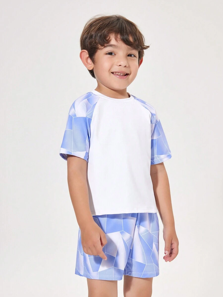 Young Boy Random Printed Patchwork Casual Raglan Sleeve T-Shirt And Shorts Sportswear For Daily Wear - White - View 1