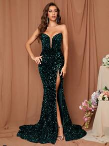 LOVE&LEMONADE Sequin Mermaid Formal Dress With Thigh Slit, Elegant Gown For Gala, Wedding, Prom, Formal Party - Green - View 3